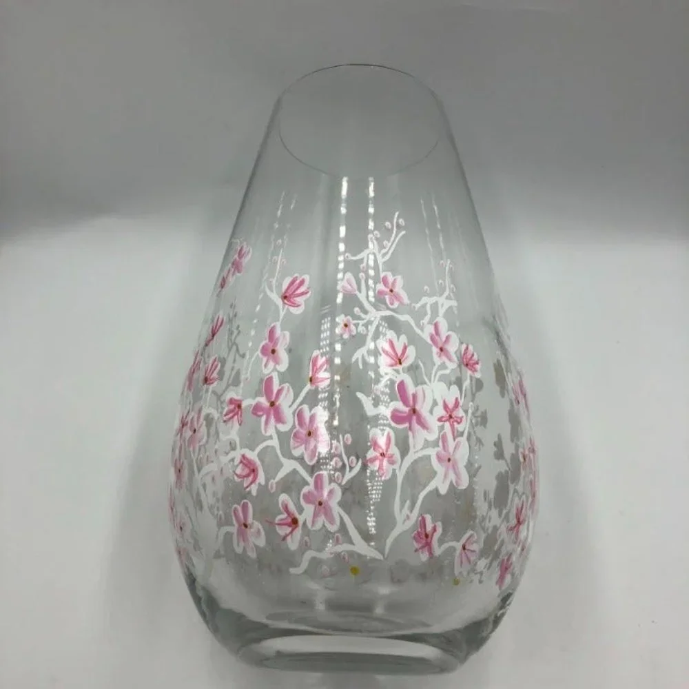 Cherry Blossom Themed Glass Vase Floral Weighted Bottom Delicate Décor Tabletop
